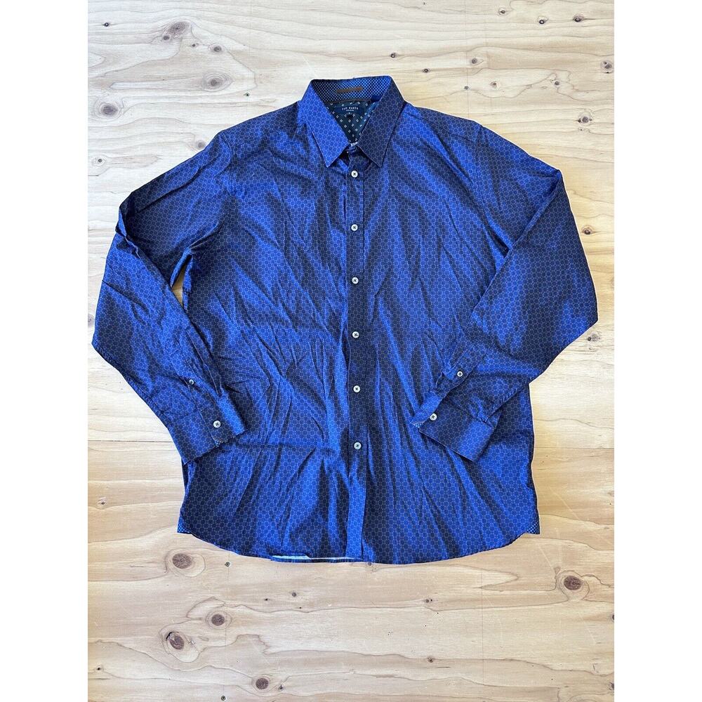 Ted Baker Men's Button Down Shirt 2XL (6) Blue Geometric Long Sleeve Flip Cuff